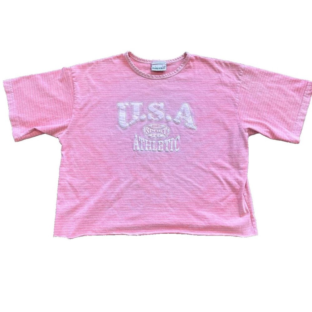 Vintage 90's Crop Top Womens M Pink Stripes Sporty Preppy Made in USA